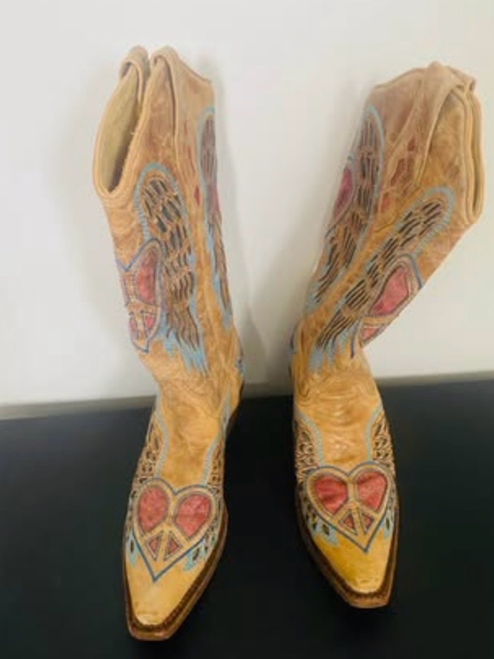 Embroidered Heart Wing Tan Leather Cowboy Boots - Women's
